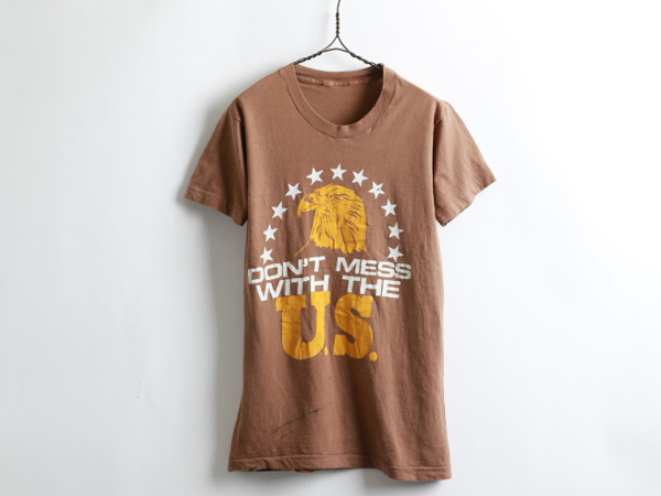80's■DON'T MESS WITH THE U.S.プリント半袖Tシャツモカ(メンズS程)星、鷲、イーグル拍卖