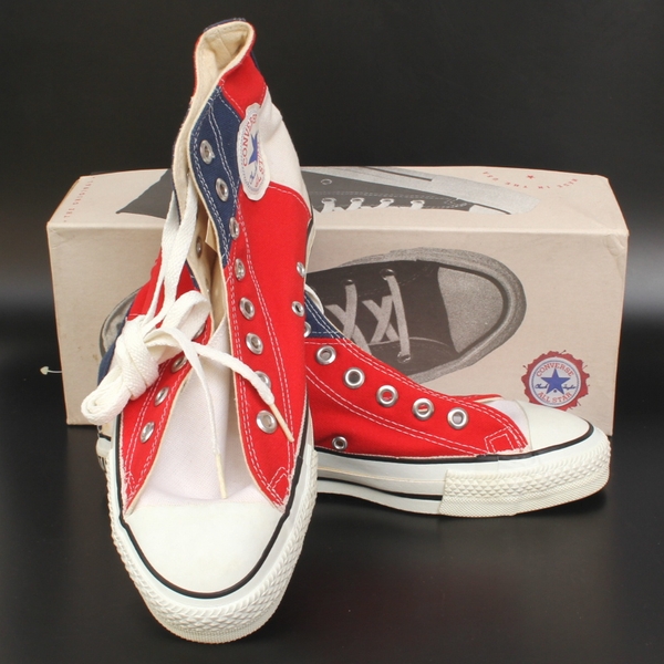 (89999)デッドストック90s ALLSTAR HI MadeinUSA US8 (JP26-26.5) オールスター白赤紺マルチカラー ヴィンテージ旧箱CONVERSEコンバース拍卖