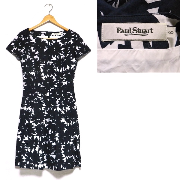 Paul Stuart ポールスチュアート 花 総柄 ワンピース 黒 / 白 6 美品拍卖