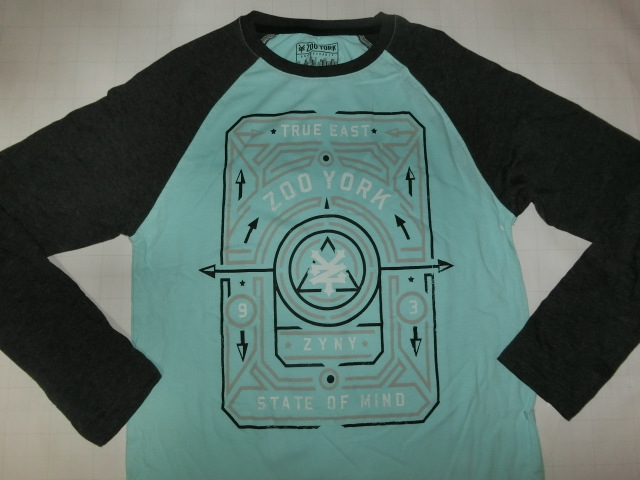 USA購入 アメカジ【ZOOYORK】ズーヨーク ロゴプリント ロングスリーブTシャツUS M サックス x ダークグレー拍卖