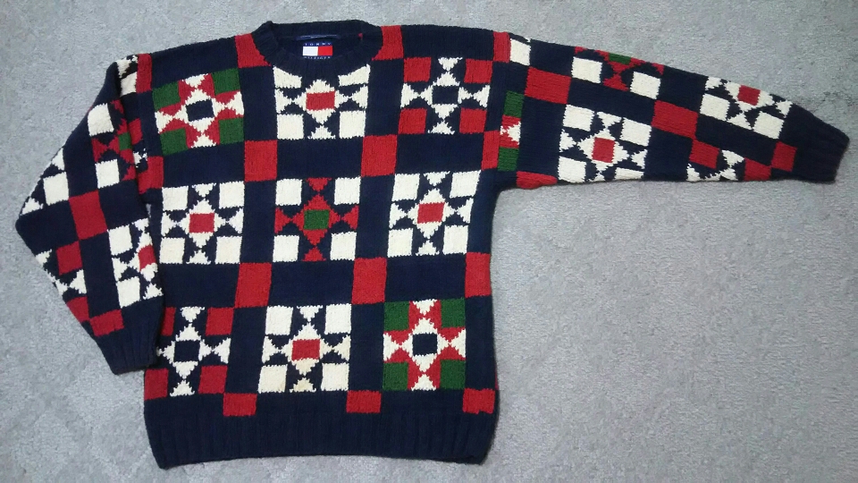 希少 良好 90s ビンテージ TommyHilfiger トミーヒルフィガー コットンニット セーター L 紺×赤×白 / トミージーンズ拍卖
