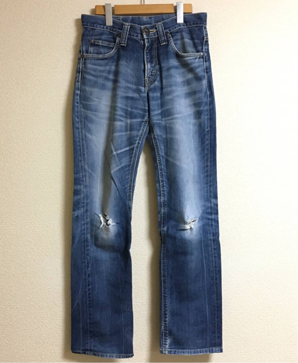 鬼ヒゲ&ダメージ Lee リー 日本製 デニム ジーンズ W28 革パッチ 縦落ち ハチノス 蜂の巣 インディゴ 濃いめ拍卖