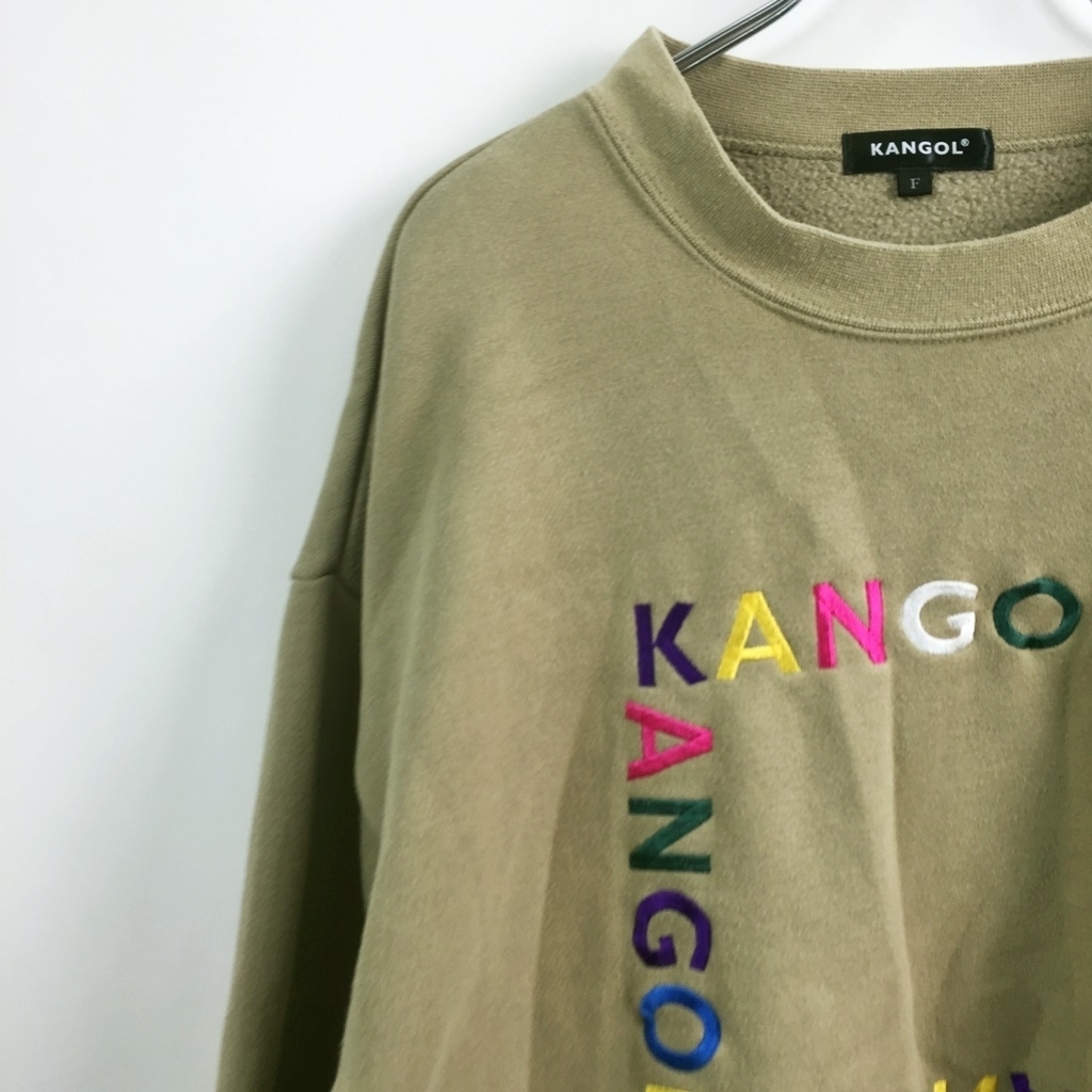 刺繍デザイン★KANGOL /カンゴール スウェット トレーナー 裏起毛 刺繍 ビックロゴ コットン カーキ サイズF レディース拍卖