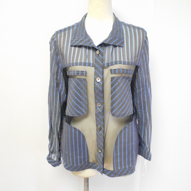 579018 HOTLIPS ホットリップス グレー×青柄 シースルー シャツ ブラウス【クリックポスト可】拍卖