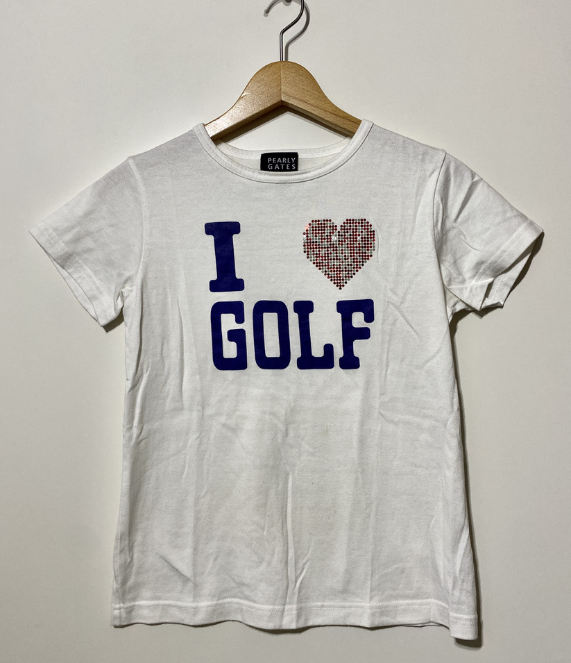 ○PEARLY GATES パーリーゲイツ ラインストーン 半袖Tシャツ カットソー サイズ0 白 ホワイト I LOVE GOLF ハート拍卖