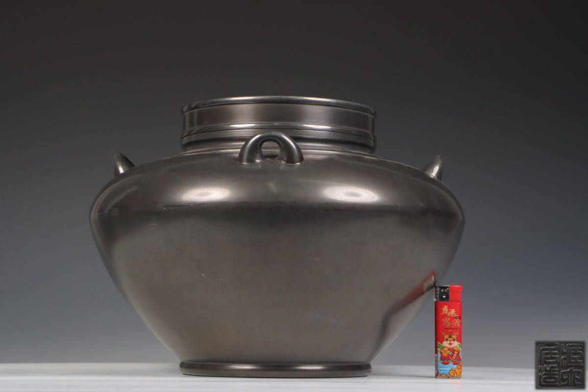 古錫 茶葉罐 臧六居造 「錫製四系耳大茶心壺」 茶筒 茶入 茶壺 茶道具 金工 茶器 時代物 LT-0880拍卖