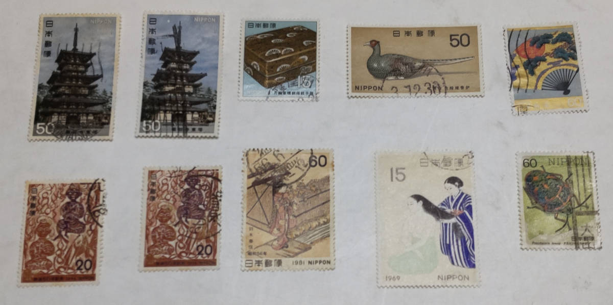 国宝シリーズ・片車輪螺鈿蒔絵手箱~色絵雉香炉~薬師寺東塔/小林古径「髪」 他 使用済切手・全10枚【送料無料】「熊五郎の切手」00800526拍卖