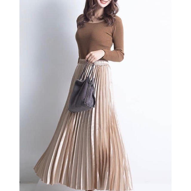 未使用 発表会 イベント デ-ト 光沢 メタリック ロング丈 プリ-ツ スカ-ト フリ- F (SKN9605)拍卖