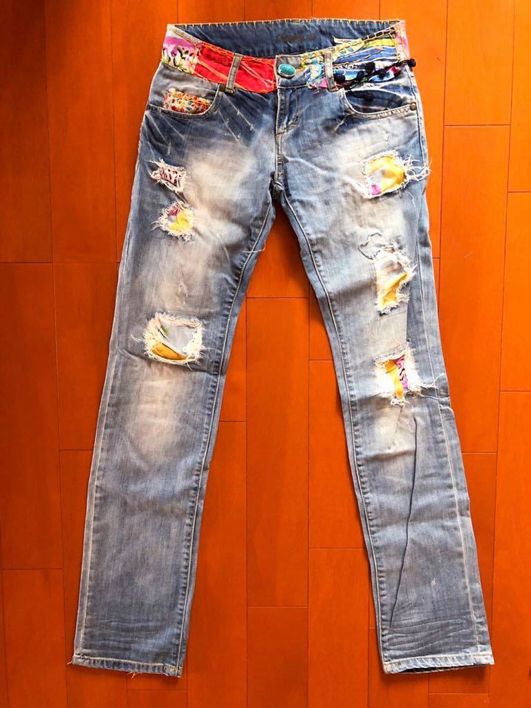 スペインブランドDesigualデシグアルクラッシュリメイク風デニムパンツジーンズEUR34→XS-S♪拍卖