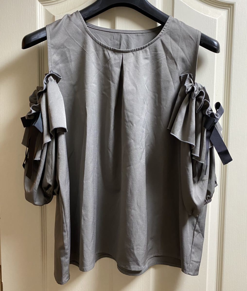 1380☆Happy marine☆半袖肩出しリボンフリル袖カットソー☆サイズ2中古拍卖