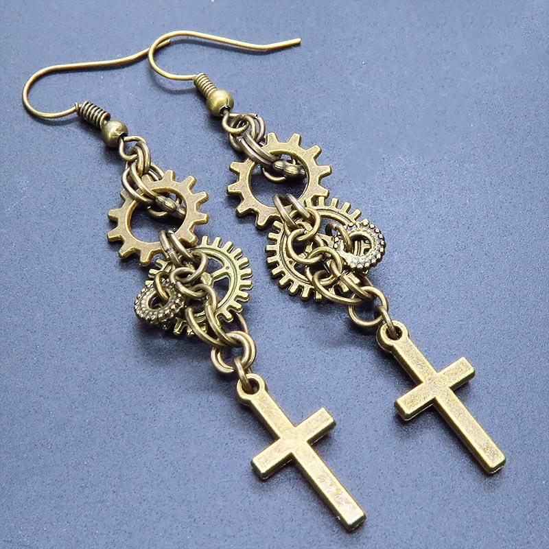 アンティークゴールド ロザリオ(十字架)と歯車を組合せたピアス スチームパンク風 コンパクト拍卖