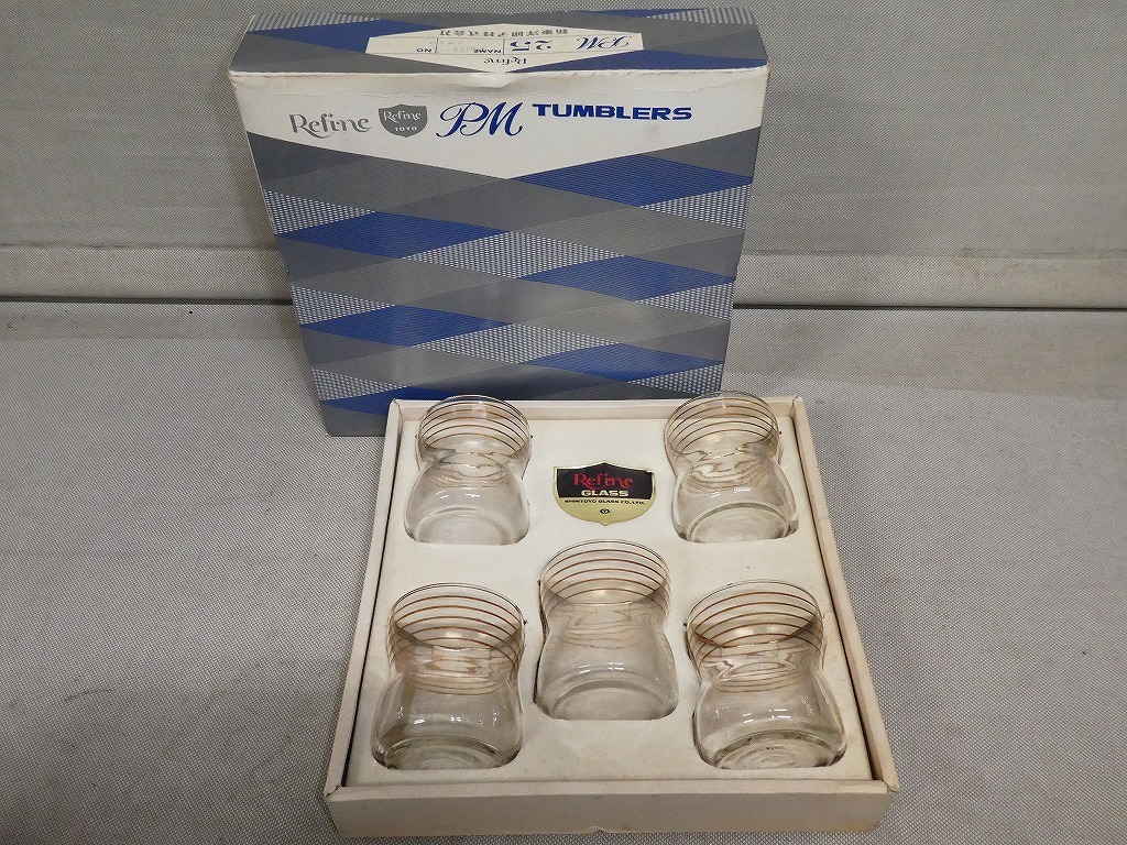 ●昭和レトロ ゴールドライン グラス 5客 新東洋グラス Refine PM タンブラー 当時物 デットストック●拍卖