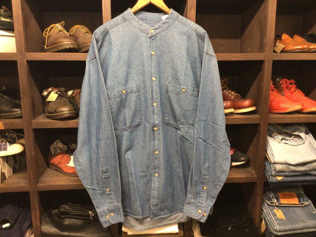 90 00’SDOUBLE IMPACT NO COLLAR DENIM SHIRT SIZE L ノーカラー デニム シャツ 長袖拍卖