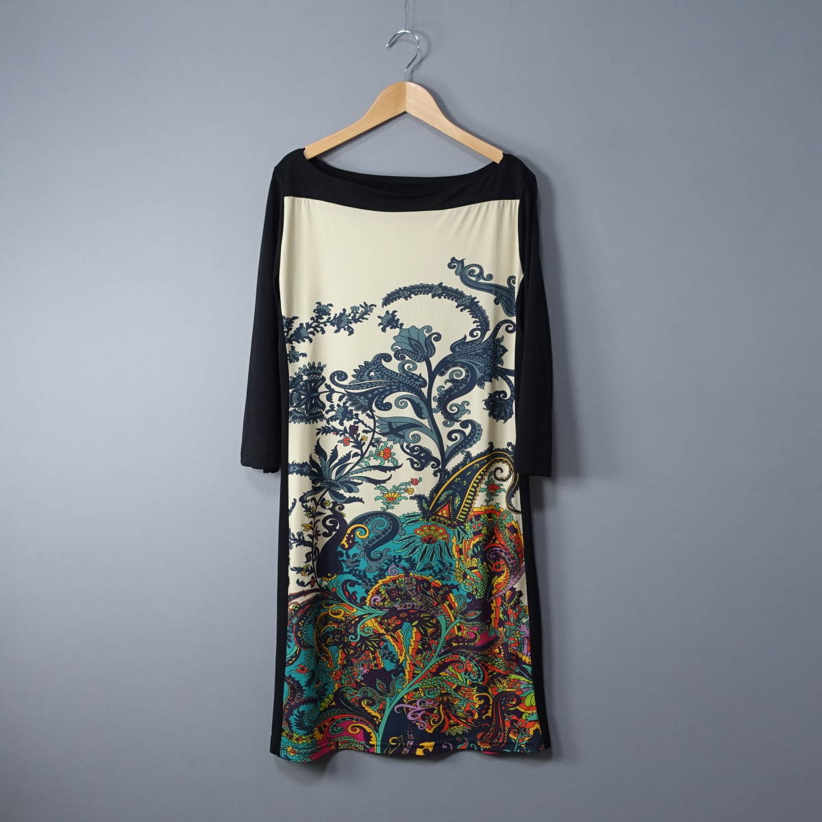 美品*Otto/オットー/L/ストレッチ/ペイズリー/ワンピース/ベージュ×ブラック/レディース拍卖