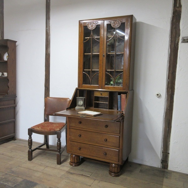 イギリス アンティーク 家具 ビューローブックケース デスク 本棚 机 収納 木製 オーク 英国 BUREAU 6758c拍卖