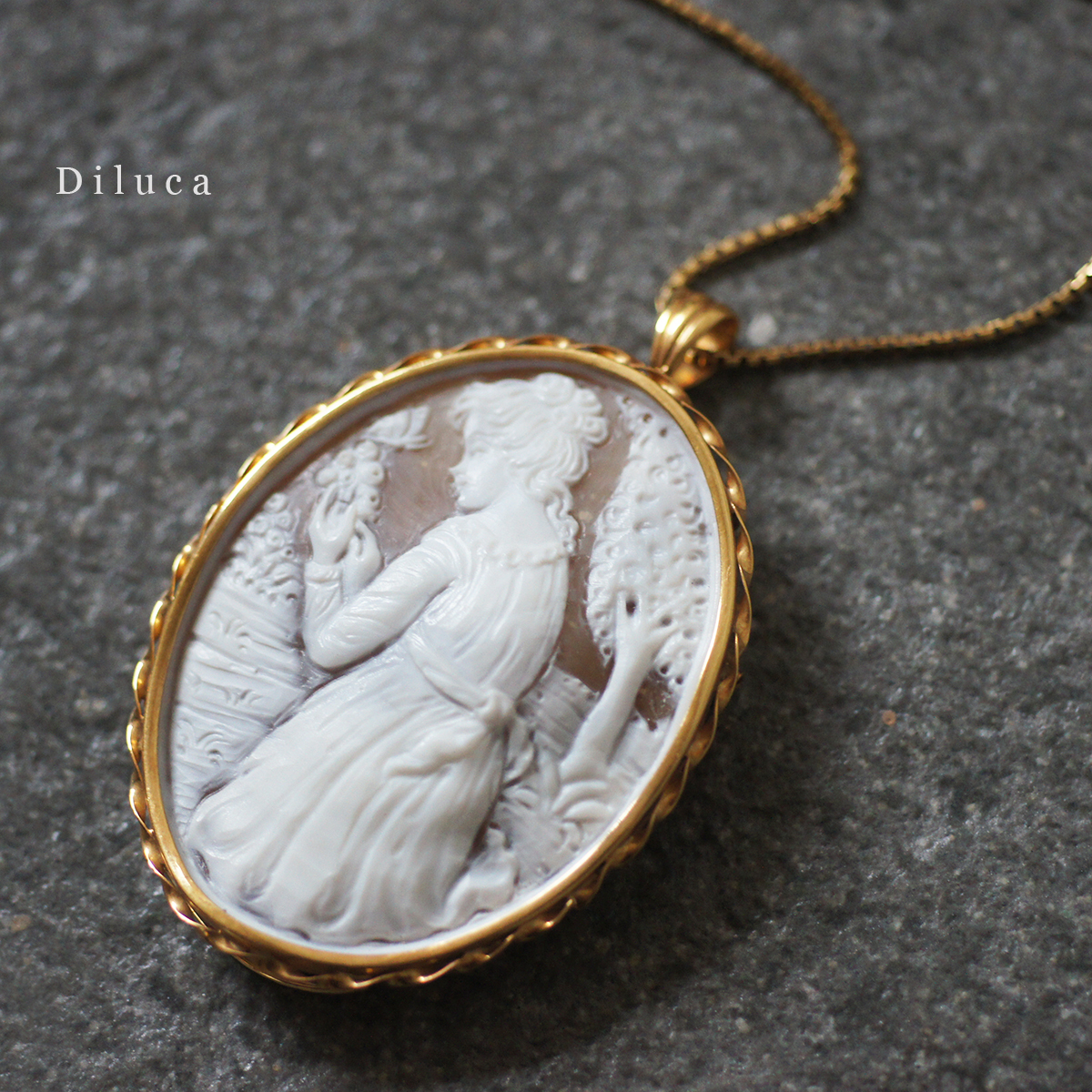 K18 YG 枠 ディルーカ 2way ヴィンテージ カメオ ブローチ ペンダント トップ 14.6g 5.3cm シェル ジュエリー アクセサリー diluca拍卖