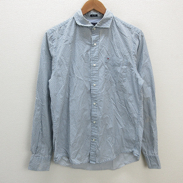 a■トミーヒルフィガー/TOMMY HILFIGER ドット柄 総柄 長袖シャツ【S】白紺/MENS/93【中古】拍卖