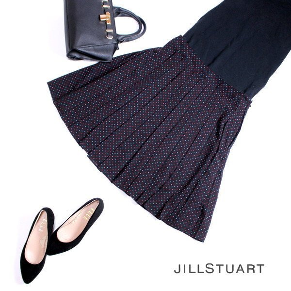美品 ジルスチュアート JILL STUART ■ 春 夏 膝下丈 カラフル ドット柄 Aライン フレア プリーツシフォンスカート M ブラック 黒拍卖