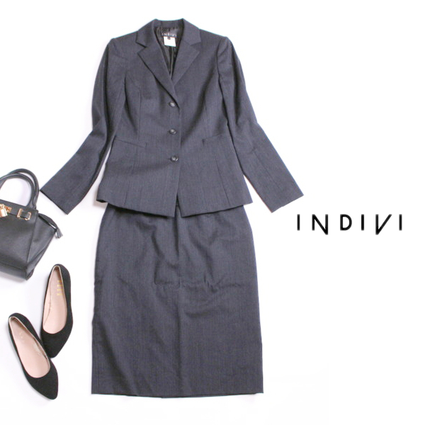美品 インディヴィ INDIVI 株)ワールド ■ 定番 スカート ジャケット スーツ上下セット 36 40 7号 11号 グレー 2点セット ビジネス 上質拍卖
