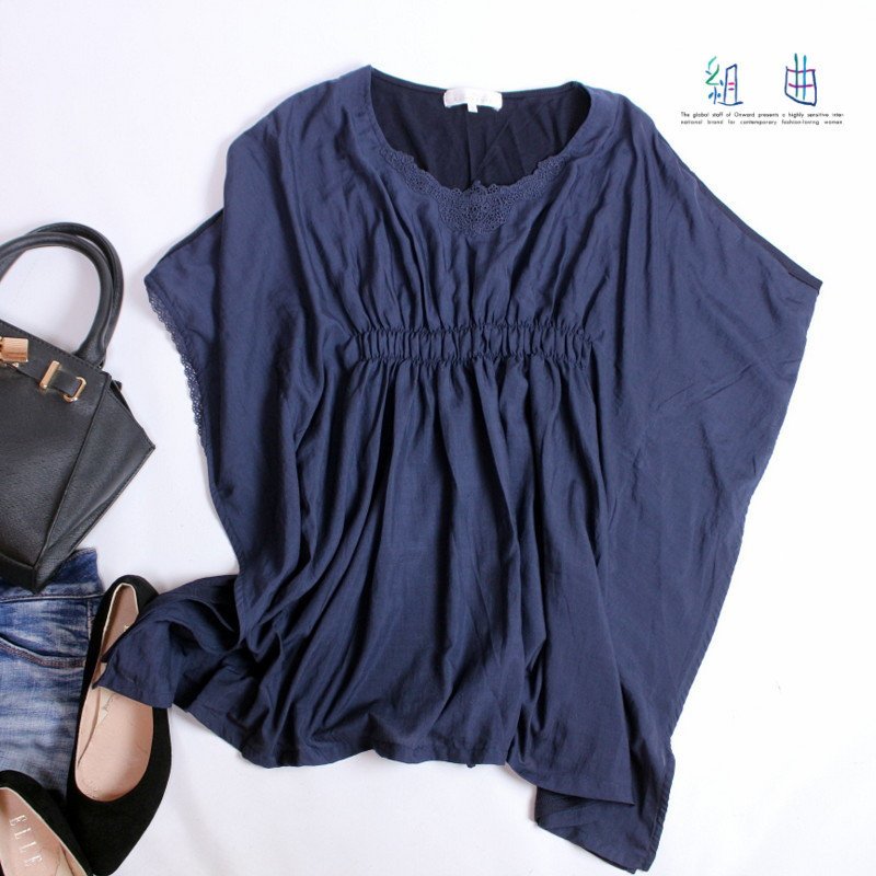 美品 クミキョク 組曲 株) オンワード樫山 ■ 夏 Tシャツ×シャツ 切替 レース ロング丈 プルオーバー 半袖カットソー 9号 2 ネイビー 紺拍卖