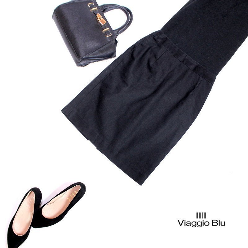 美品 ビアッジョブルー Viaggio Blu ■ 合物 定番 コットン 艶 ハリ 上品 艶 膝下丈 スーツ タイトスカート 1 7号 ブラック 黒 秋 春拍卖