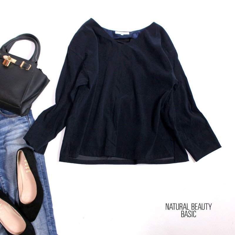 美品 ナチュラルビューティーベーシック ■ 秋 合物 ミニ起毛 滑りなし シンプル 長袖カットソー プルオーバー S ネイビー 紺拍卖