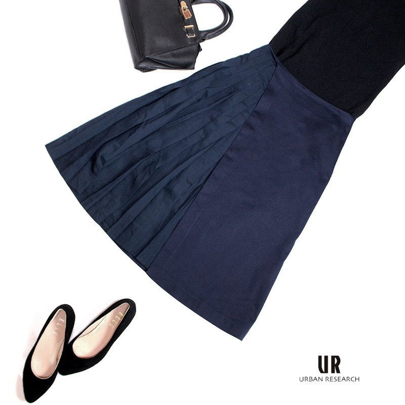 美品 URBAN RESEARCH アーバンリサーチ ■ 秋 冬 合物 部分 プリーツ ミモレ丈 Aライン フレアスカート 7号 36 ネイビー 紺 日本製拍卖