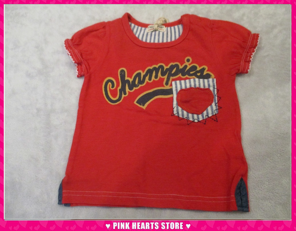 新品キッズ◇CHILD CHAMP(チャイルドチャンプ)ヒッコリーポケットロゴTシャツ レッド 90cm 67-9943拍卖