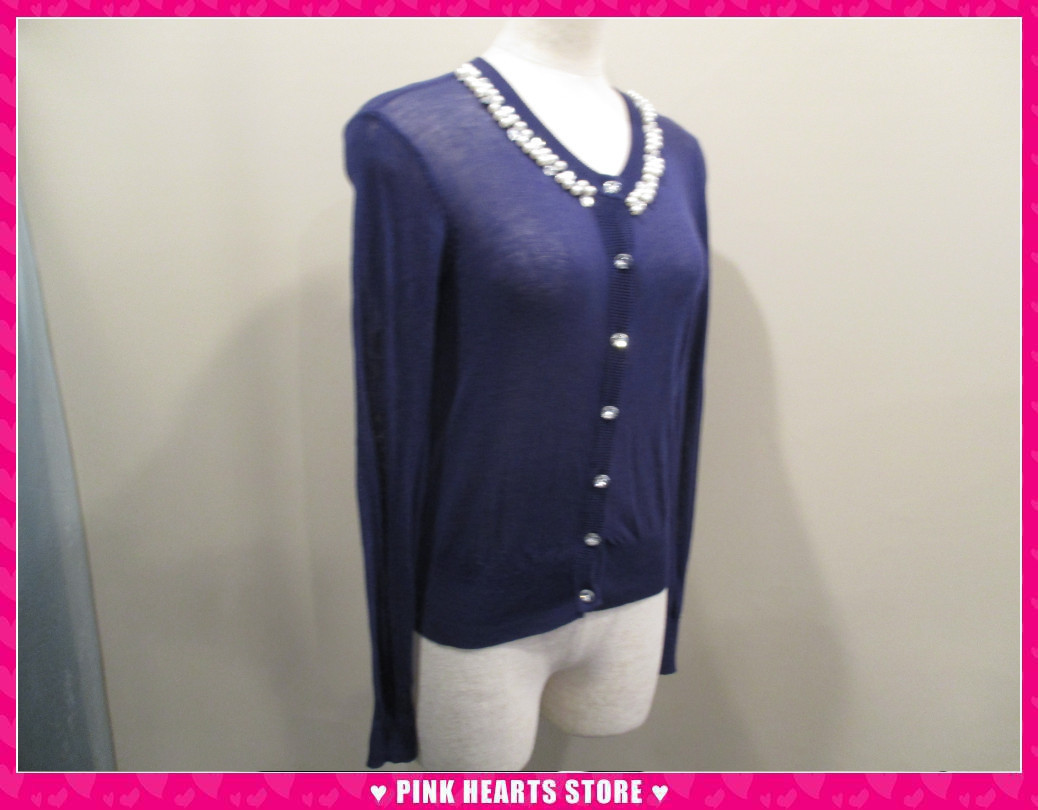 新品レディース◇値下げ!!襟もとパール使いカーディガン 紺 Mサイズ 15-21872拍卖