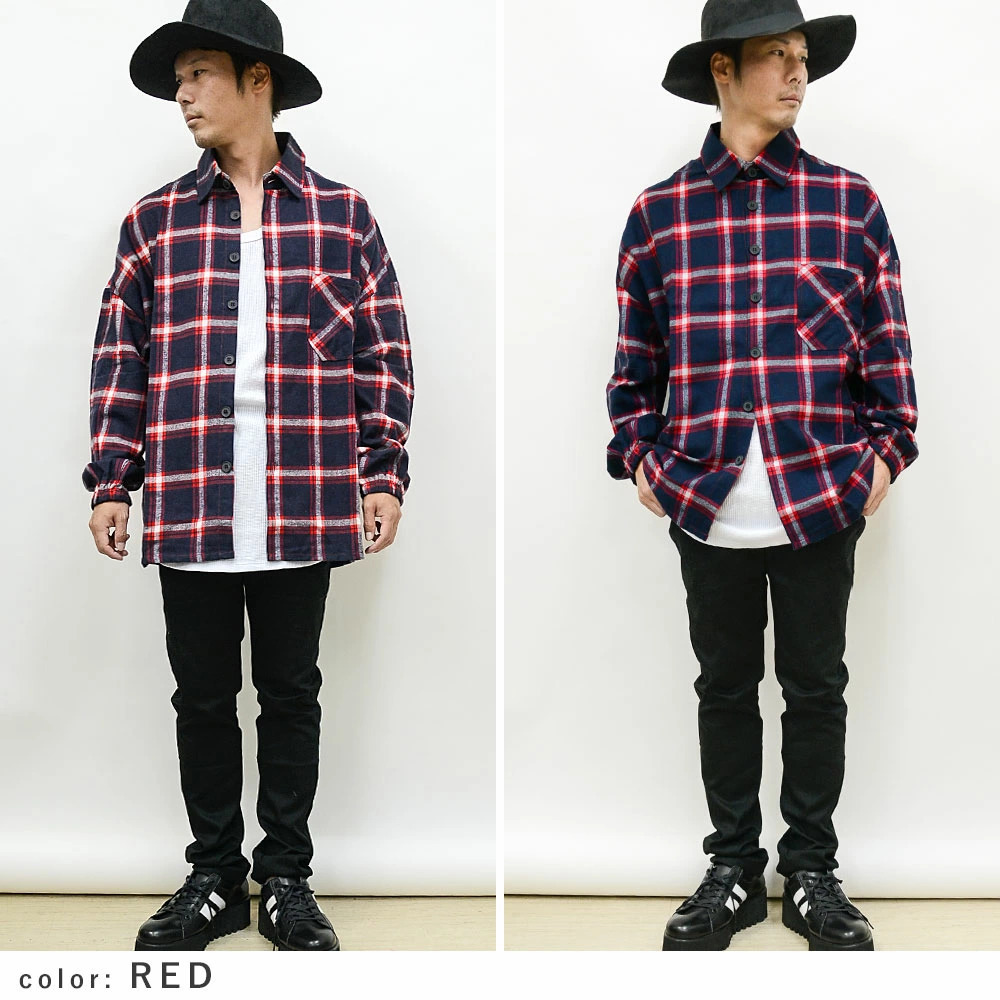 ビッグシルエットチェック柄 ネルシャツジャケット rv7550 新品レッドM拍卖