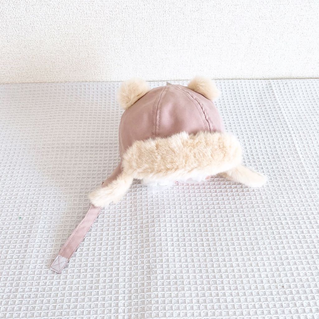 新品★H&M★エイチアンドエム★ベビー帽子★キャップ★フード★70サイズ★女の子★くすみピンク★キッズ冬★6〜9か月★9kg★耳あて★くま耳拍卖