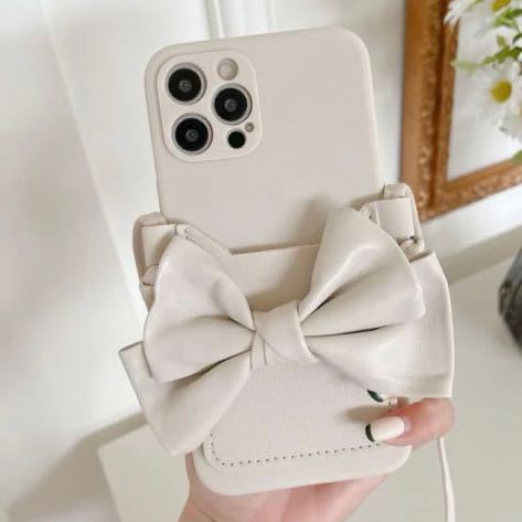 ★新品★iPhone12pro★ケース★ショルダー★カードケース付き★オフホワイト白ホワイト★ベージュ★スマホケース★スマートフォン★リボン拍卖