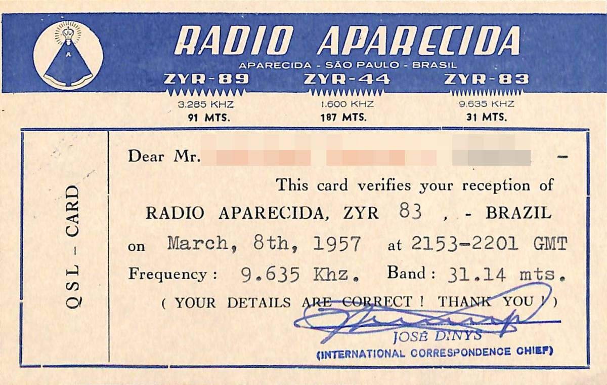 即決★送料込★BCL★難局★入手困難★希少ベリカード★ラジオ・アパレシーダ★RADIO APARECIDA★中南米★ブラジル★1957年拍卖
