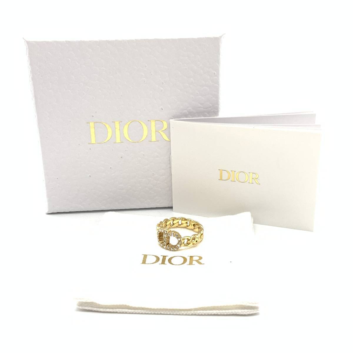 ■C.DIOR ディオール CLAIR LUNE リング Lサイズ 約14号 CDロゴ ラインストーン 指輪 アクセサリー ゴールドカラー拍卖