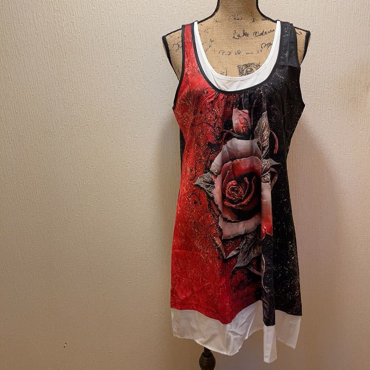 新品★ブラック&レッドローズ柄★総柄★和風★個性派★ワンピース★ホームウェア★L★最終値下げ★他フリマでもセール中★早い者勝ち拍卖