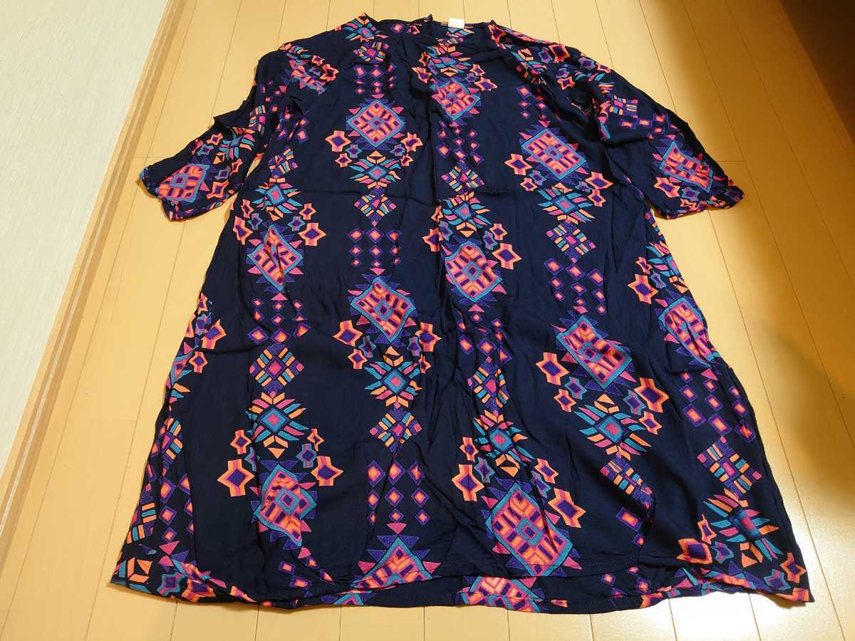 ボーイホリック boyholic 七分袖エスニックチュニックワンピース 紺色 インド製大きいサイズ 肩幅51脇下102丈95センチ 2回使用美品拍卖