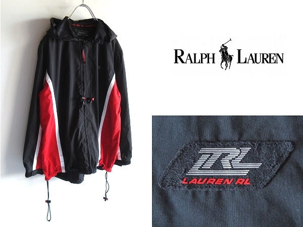 希少 ビンテージ LAUREN RALPH LAUREN ラルフローレン メッシュ裏地 ロゴワッペン ウインドブレーカー フードジャケット S 黒赤白 USA企画拍卖