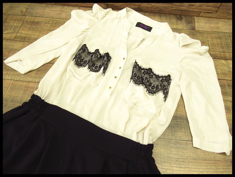 送料無料 G② ROSE BUD ローズバッド レース 装飾 七分袖 ブラウス ショートパンツ ドッキング ワンピース アイボリー 黒 フリーサイズ拍卖