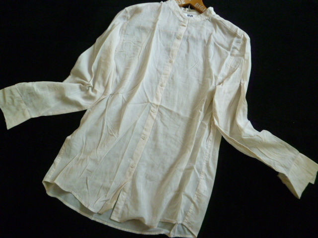 UNIQLO/ユニクロ□淡ベージュ透けノーカラーコットンシャツS/長袖トップスメンズ?レディース?□T617拍卖