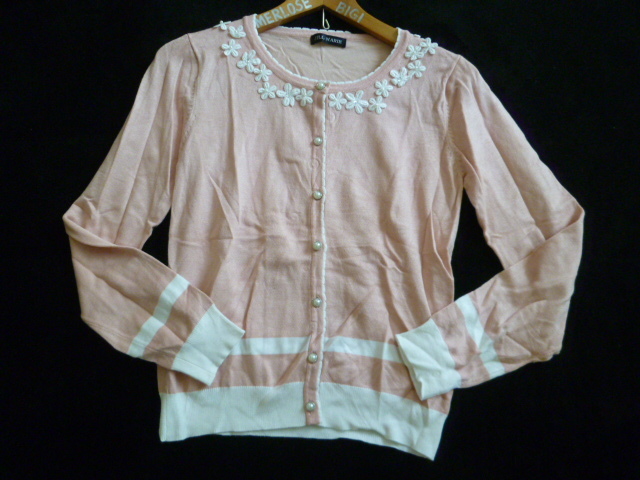 JILL MARIE□ピンクお花モチーフパールボタン姫系ニットカーディガンL□T617拍卖