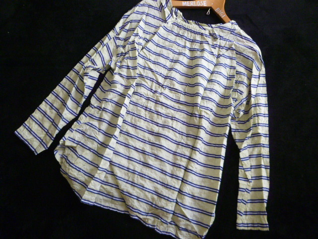 HARMONICA/ハーモニカ□若草色系ボーダーストライプ変形ブラウスシャツカットソー/長袖トップスvory beads□T617拍卖