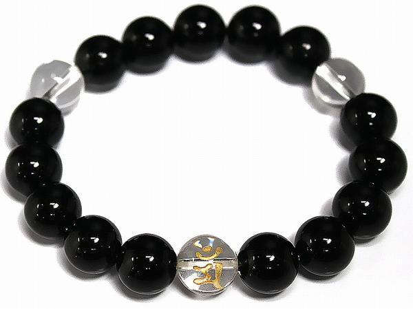 太め12mm■高級オニキス&梵字水晶数珠ブレスレット新品/マン卯年拍卖