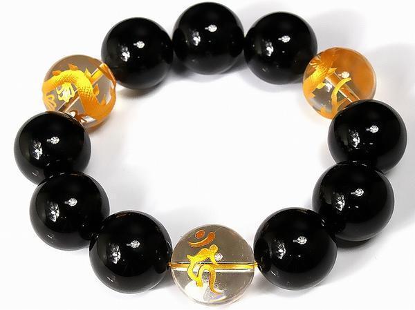 極太20mm/オニキス&金龍&梵字水晶数珠ブレスレット/キリーク戌亥拍卖