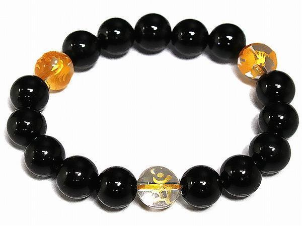 太め12mm/オニキス&金龍&梵字水晶数珠ブレスレット■カーン/酉年拍卖
