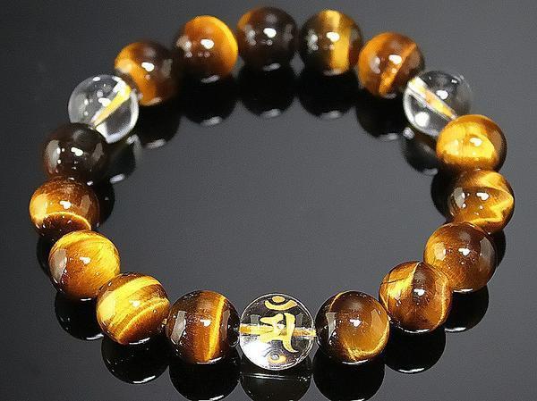 太め12mm/タイガーアイ&梵字水晶数珠ブレスレット■カーン/酉年拍卖