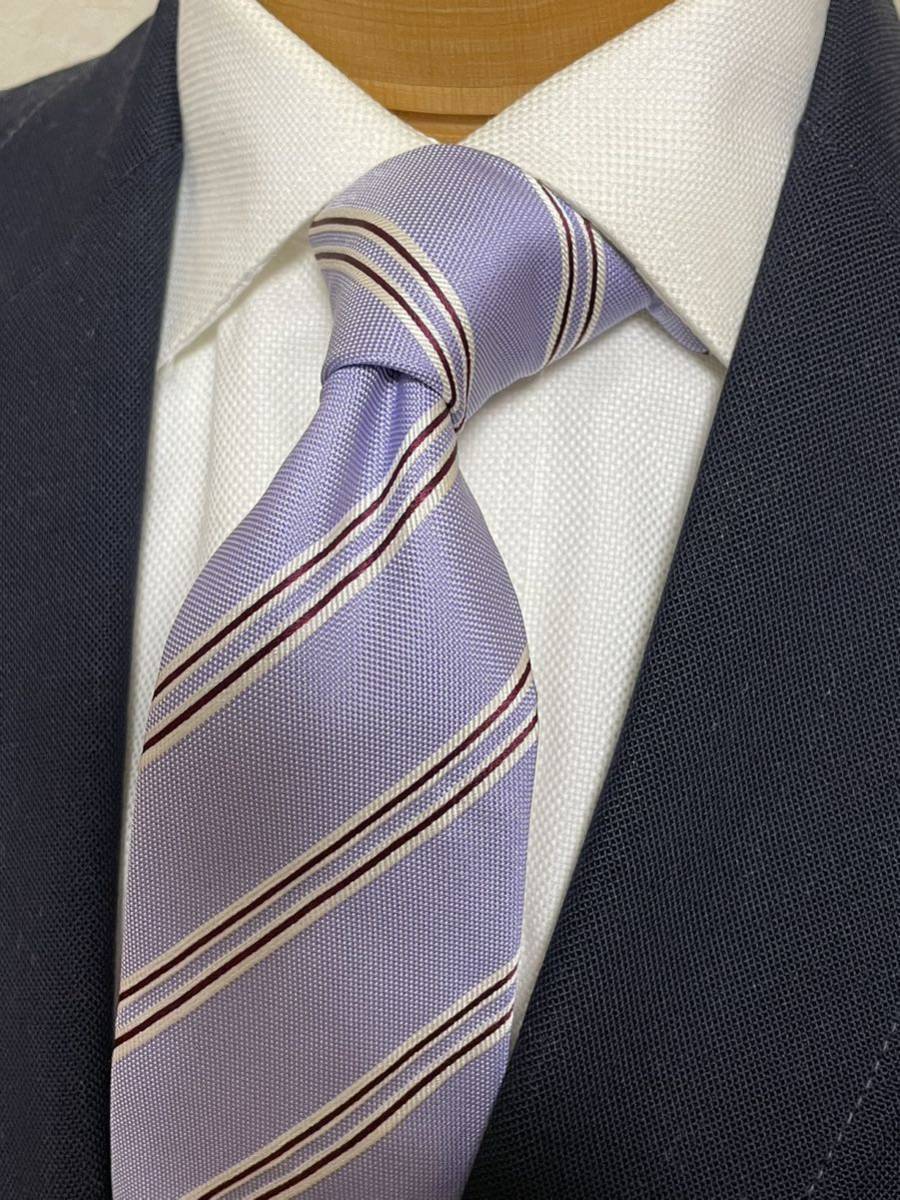 【美品】FRANCO BASSI イタリア系フランコバッシ ストライプネクタイ 高級シルク パープル基調大剣約9cm 明るく爽やかな印象拍卖