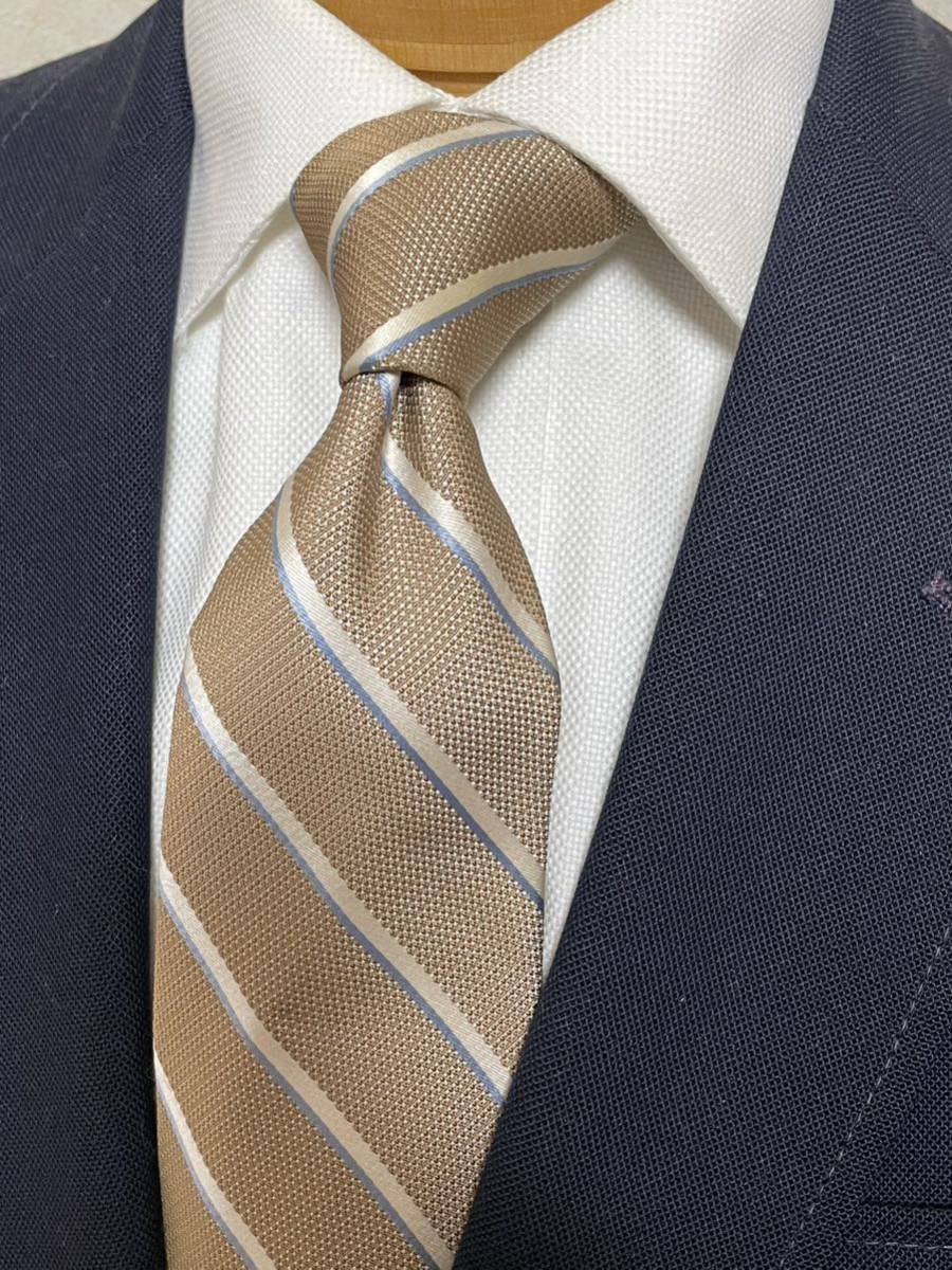 【美品】ユナイテッドアローズ ベージュストライプネクタイ 大剣約8.5cm日本製 高級シルク ベージュ×ホワイト拍卖