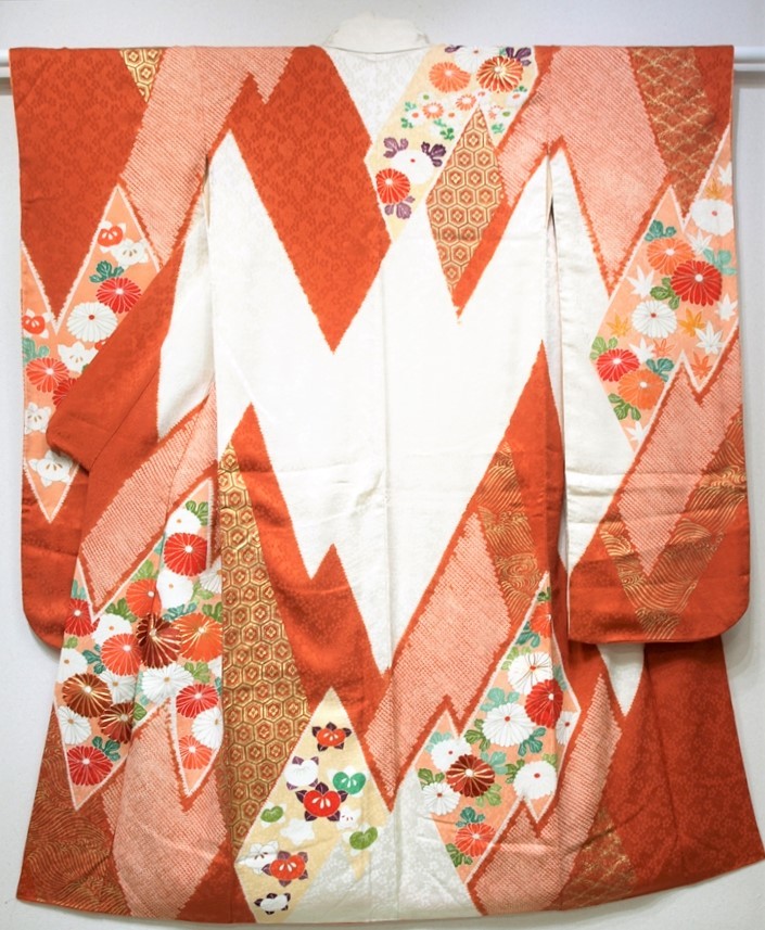 花とら●リサイクル着物 振袖 絞り 桶絞り 菊 橘 古典風 橙 箔 着用可能 リメイク 素材 220820拍卖