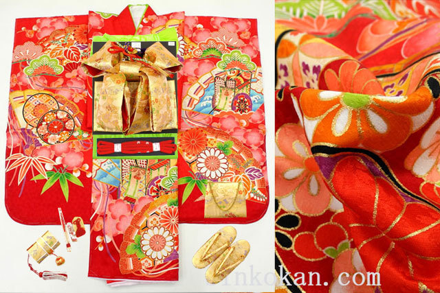 【進興館】新作 七五三 正絹 7歳用 女の子 高級 振袖 着物フルセット◆赤色系 扇に御所車◆sdyuri017拍卖