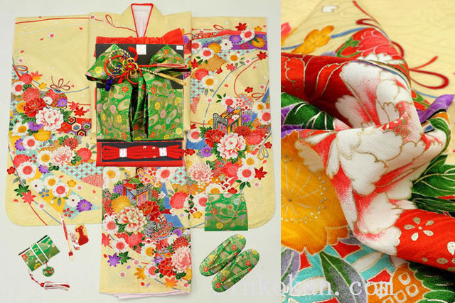 【進興館】新作 七五三 正絹 7歳用 女の子 高級 振袖 着物フルセット◆ベージュ系 御所車に束ね熨斗◆sdyuri025拍卖